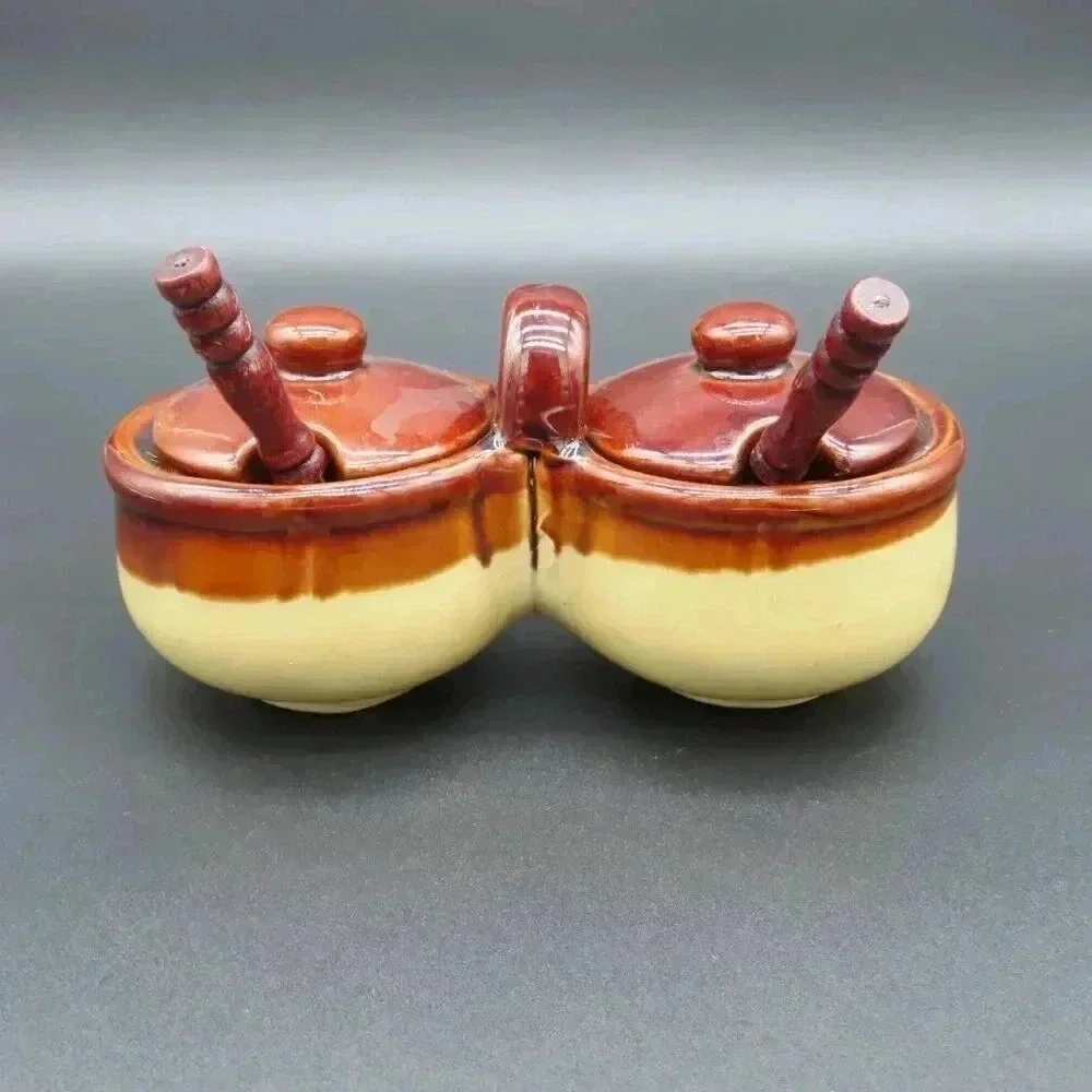 Crock Brown Drip Condiment Caddy Speckled Brown Glaze Vintage Stoneware